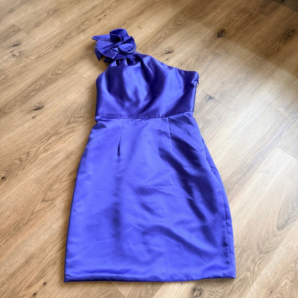 Badgley Mischka Purple One Shoulder Rosette Satin Cocktail Dress Size 8
